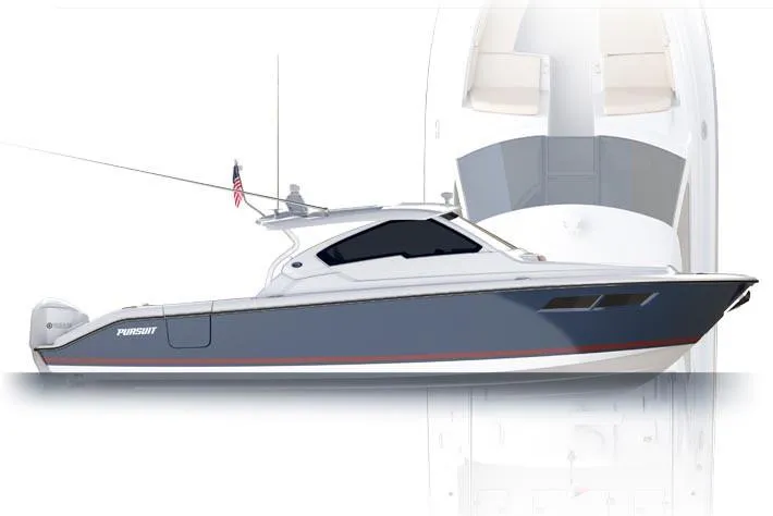 Slide: The Image of Manufacturer Provided Image: 2018 Pursuit DC 365 Dual Console boat, side and top view. - 62