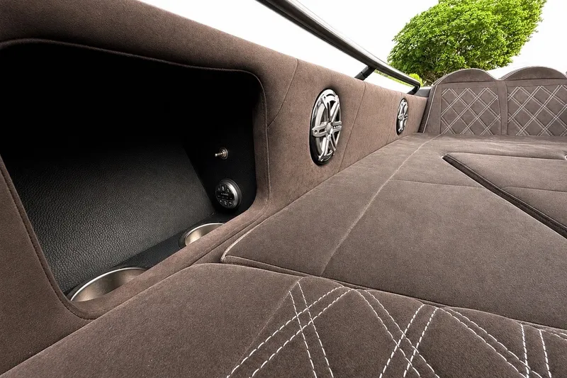 Slide: The Image of Luxurious interior of 2017 Statement 380 Open boat with plush seating and speakers. - 31