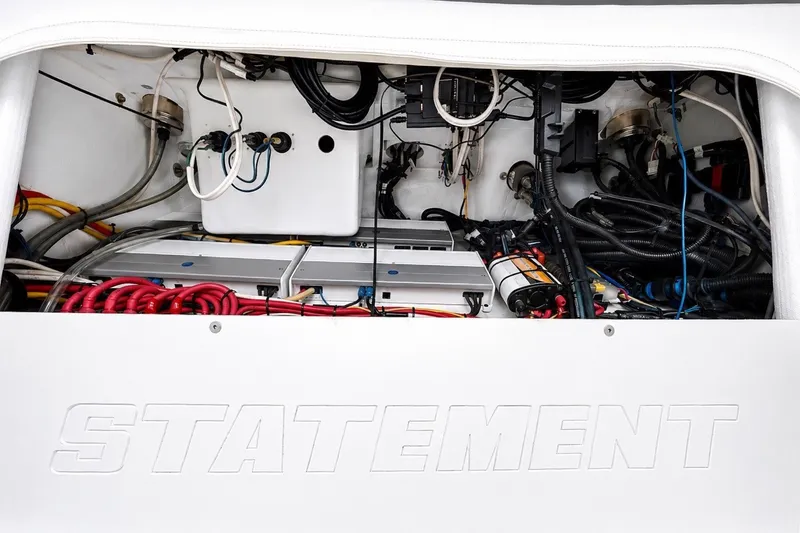 Slide: The Image of Engine compartment of 2017 Statement 380 Open boat, showcasing wiring and components. - 43