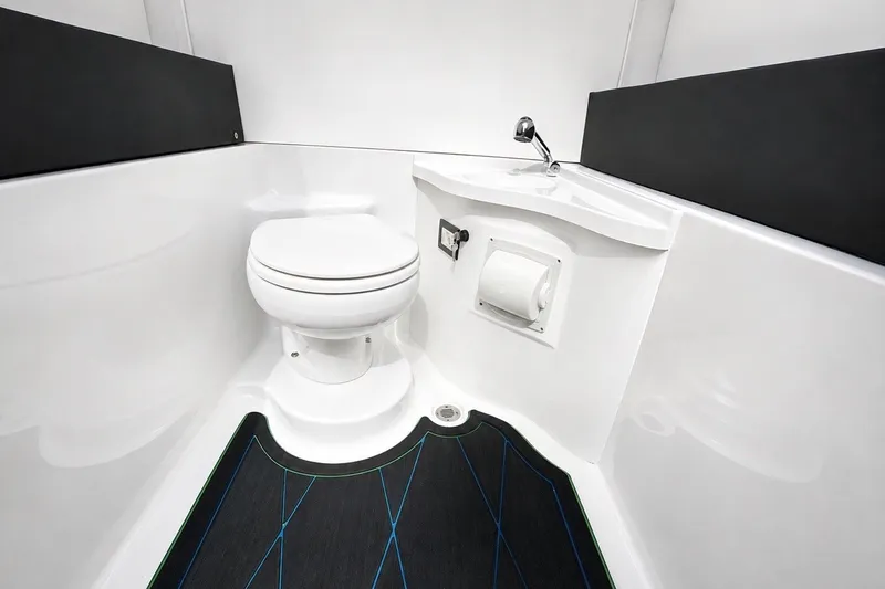 Slide: The Image of Modern bathroom interior on 2017 Statement 380 Open boat, featuring sleek design and compact fixtures. - 38