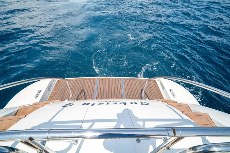 Slide: The Image of 2007 Mangusta 72 Motor Yacht stern view with teak deck and ocean backdrop. - 24