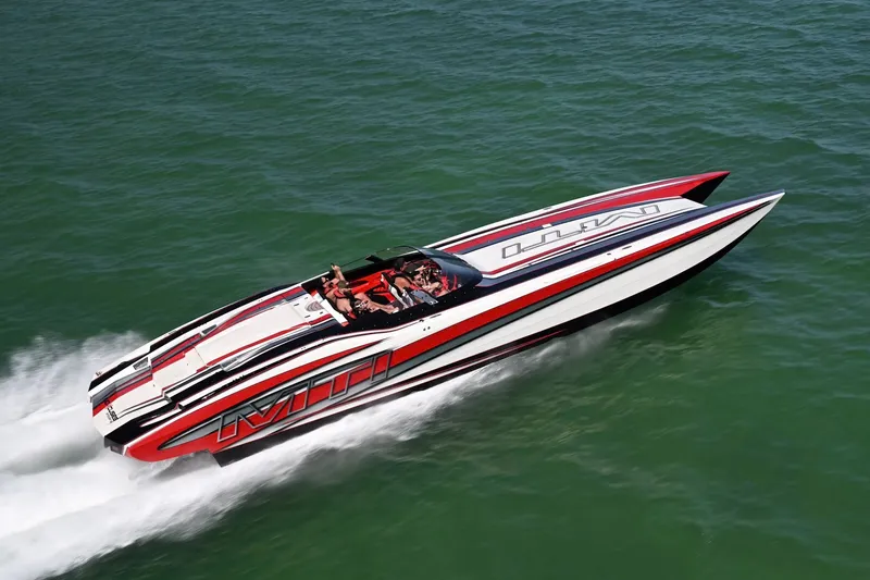 The Image of High-speed MTI 44 powerboat cruising on open water, 2015 model. - 1