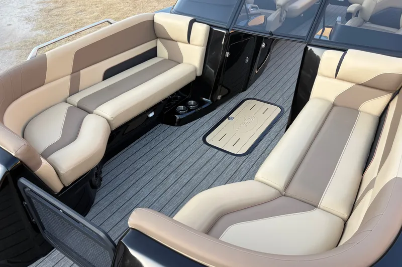 Slide: The Image of Luxurious 2019 SunCatcher Amara boat interior with beige and brown seating. - 11
