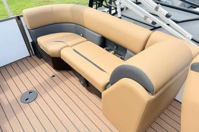 Slide: The Image of Luxurious seating on 2027 Bentley Pontoons Legacy 220 Navigator with tan upholstery. - 16