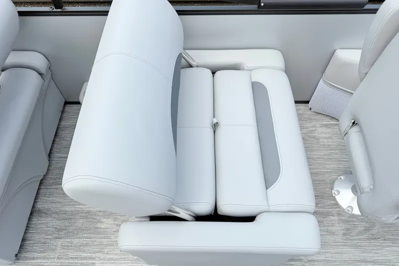 Slide: The Image of 2027 Bentley Pontoons LEGACY 220 QSB interior seating, featuring luxurious light gray upholstery. - 19