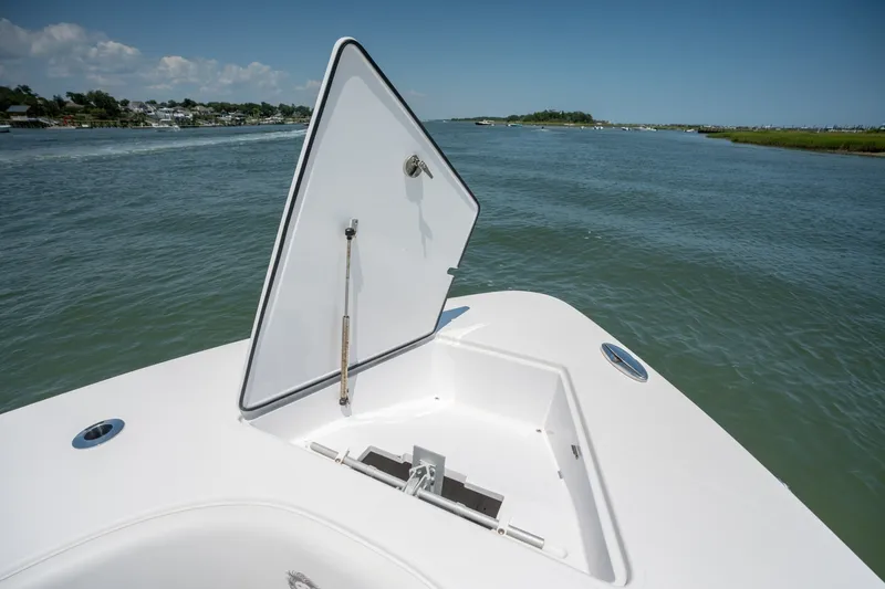 Slide: The Image of Open hatch on 2022 Sea-Lion 34 TE boat, with scenic waterway view. - 15