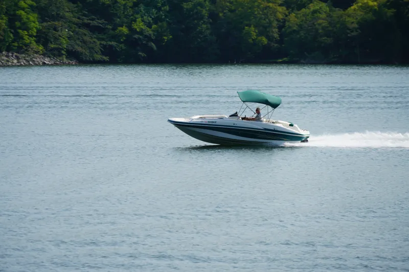Slide: The Image of 2007 Tahoe 215 I/O boat cruising on a serene lake with lush green trees. - 2