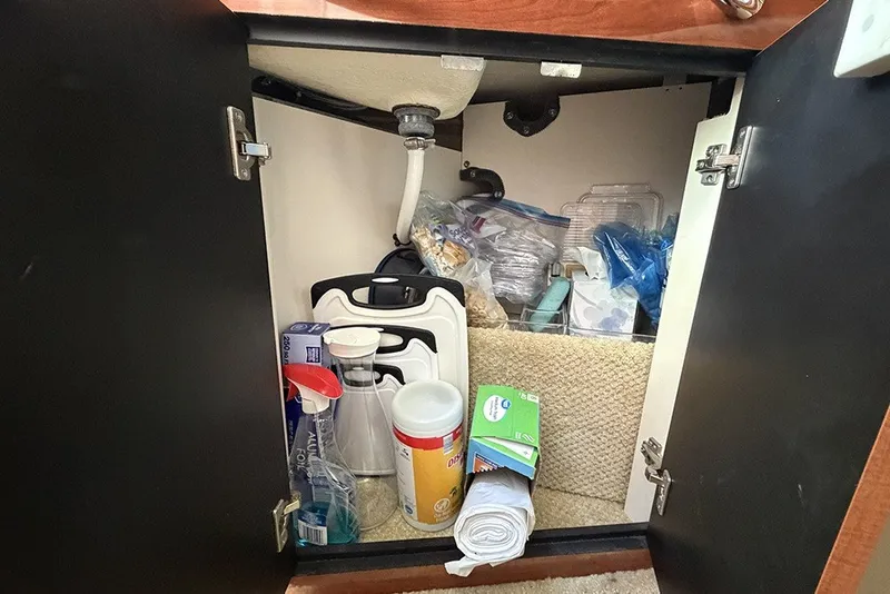 Slide: The Image of Storage cabinet on a 2006 Sea Ray 270 Amberjack boat, containing cleaning supplies and household items. - 19