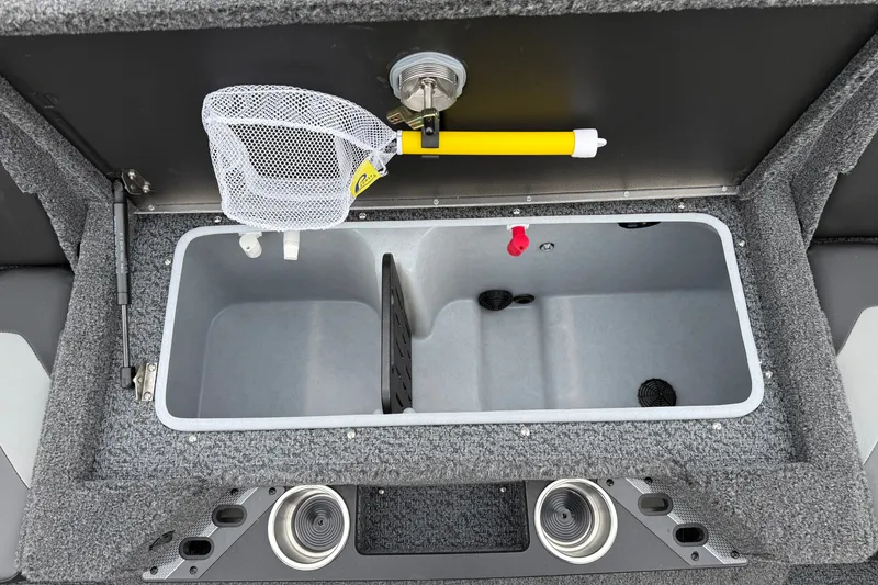 Slide: The Image of Interior of 2027 Lund 1975 Pro-V boat with storage compartment and fishing net. - 37