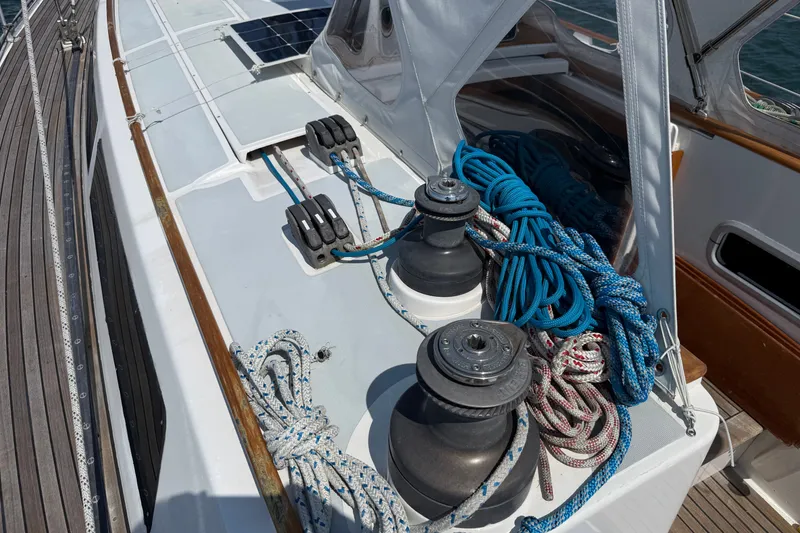 Slide: The Image of Deck of 1988 Belliure 41 sailboat with winches and ropes. - 73