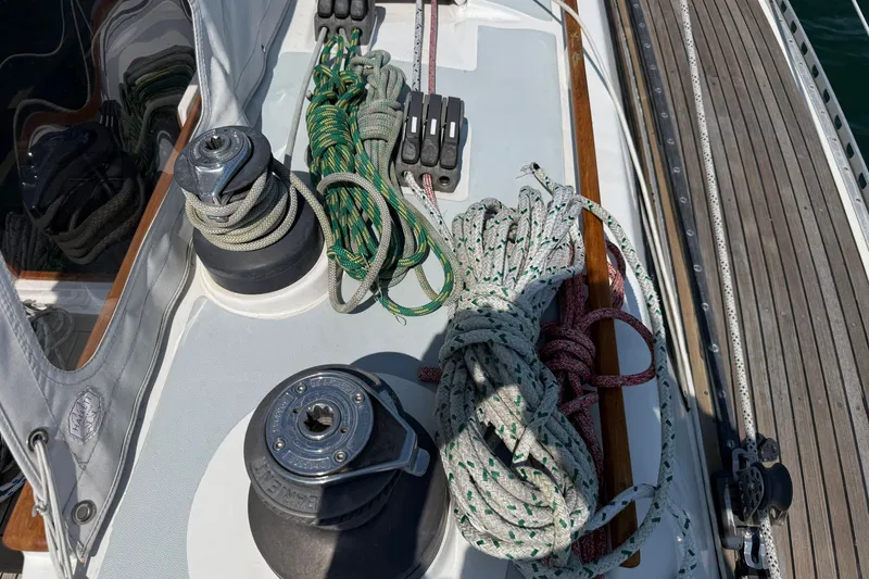 Slide: The Image of Deck of 1988 Belliure 41 sailboat with ropes and winches. - 72