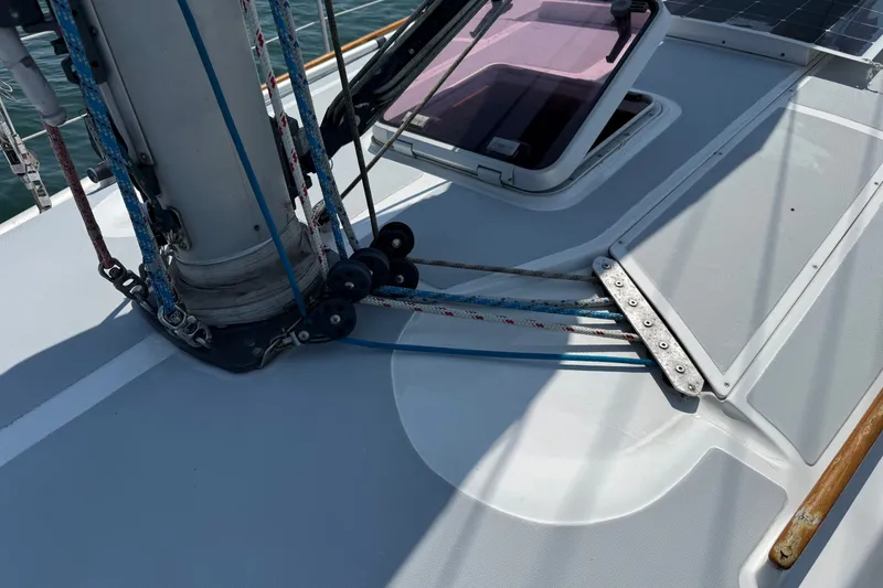 Slide: The Image of Deck of 1988 Belliure 41 sailboat with rigging and hatch details. - 57