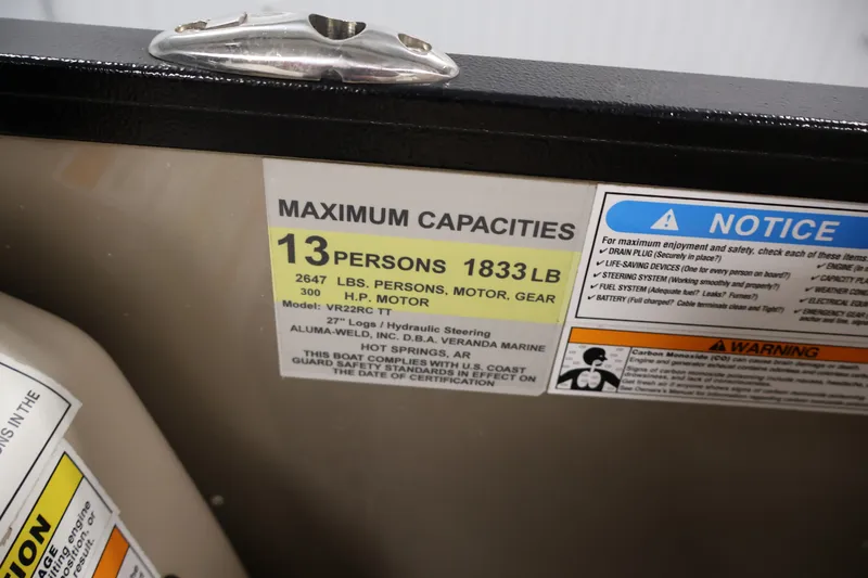 Slide: The Image of 2022 Veranda VR22RC capacity label showing maximum 13 persons or 1833 lbs. - 29