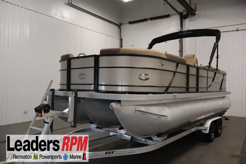 The Image of 2022 Veranda VR22RC pontoon boat on trailer in indoor showroom. - 1