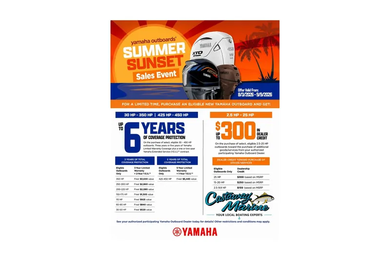 Slide: The Image of Yamaha Outboards Summer Sunset Sales Event flyer with promotional details and offers. - 1