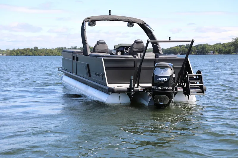Slide: The Image of 2024 Viaggio D24U pontoon boat on a lake with Suzuki 300 outboard motor. - 8