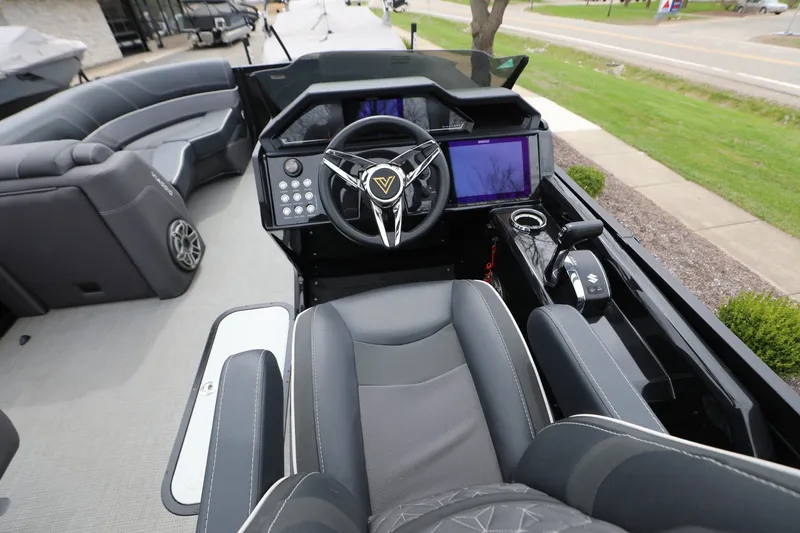 Slide: The Image of Luxurious 2024 Viaggio D24U boat interior with modern steering and control panel. - 10