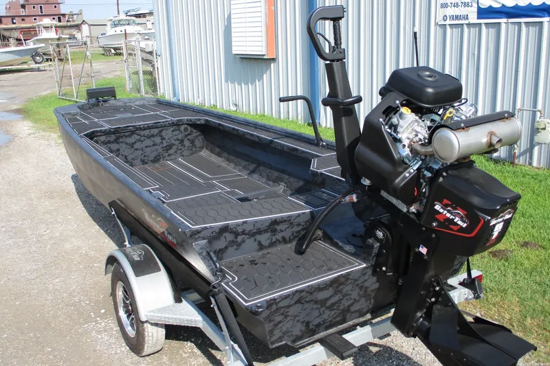 Slide: The Image of 2027 Gatortail 1854 Extreme boat on trailer, featuring a powerful outboard motor. - 5