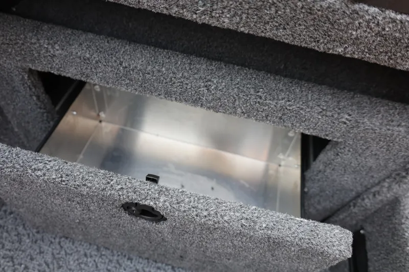 Slide: The Image of An open storage compartment with gray carpeting and a metal box inside. - 30
