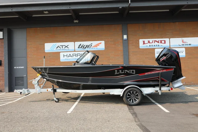 Slide: The Image of Lund 1875 Crossover XS 2027 parked on a trailer in front of a building. - 2
