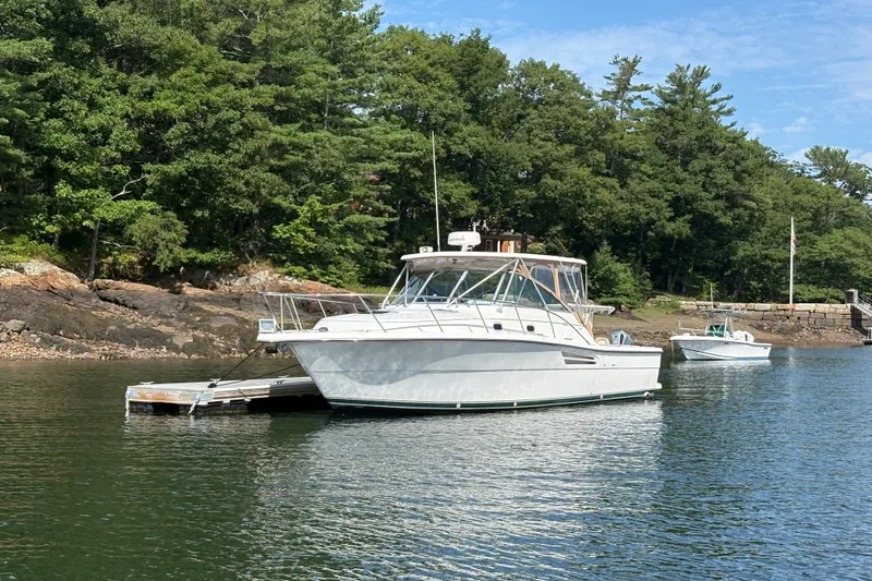 Slide: The Image of 2000 Pursuit 3400 Express boat docked by a lush, wooded shoreline. - 1