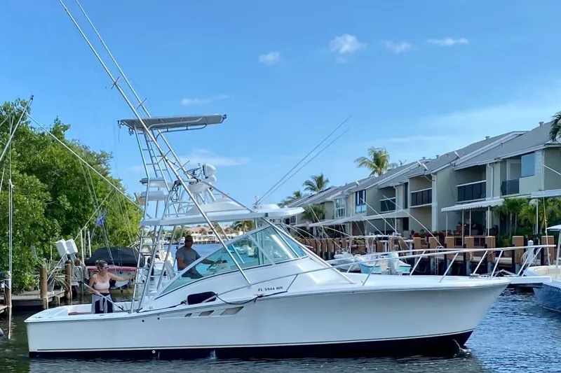 The Image of 2005 Luhrs 32 Open boat cruising near waterfront homes under a clear blue sky. - 1