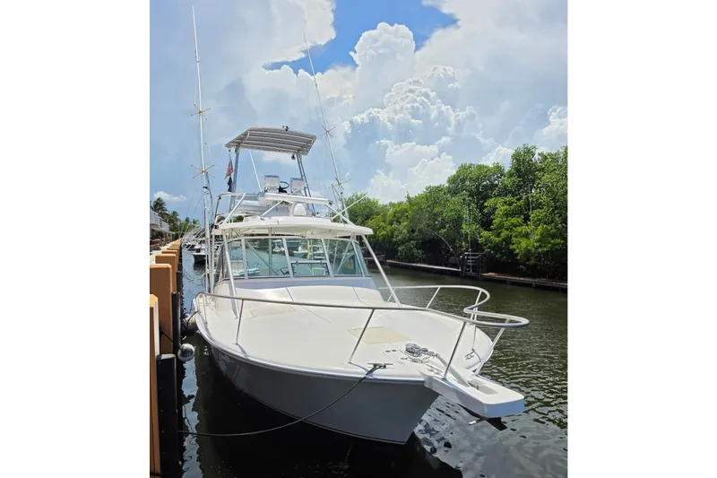 Slide: The Image of 2005 Luhrs 32 Open boat docked on a sunny day, surrounded by lush greenery. - 3