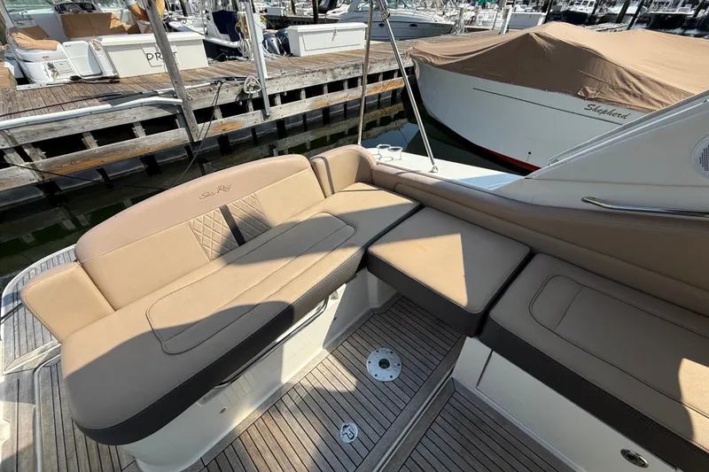 Slide: The Image of Luxurious seating on 2012 Sea Ray Sundancer 310 yacht at marina dock. - 17