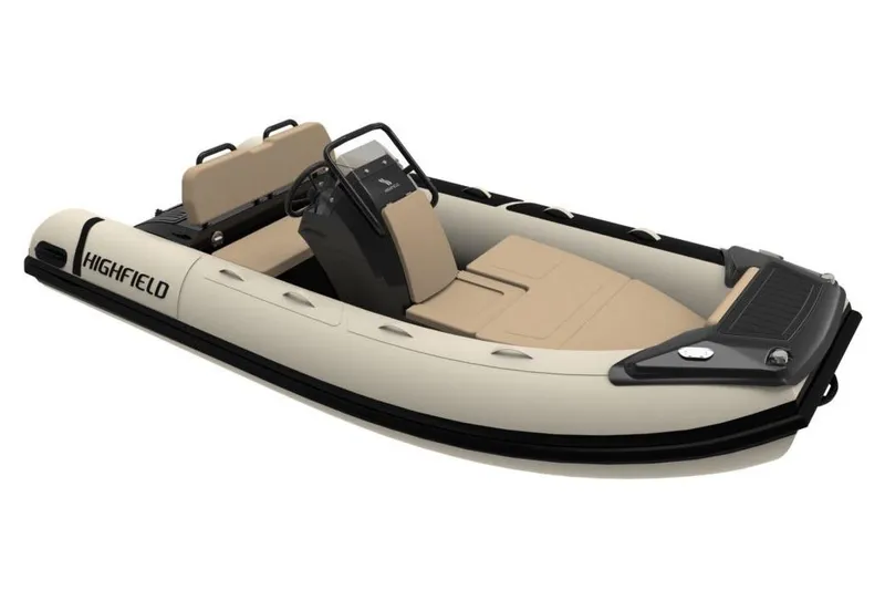 Slide: The Image of Manufacturer Provided Image: 2025 Highfield Sport 390 inflatable boat with beige seating and sleek design. - 14