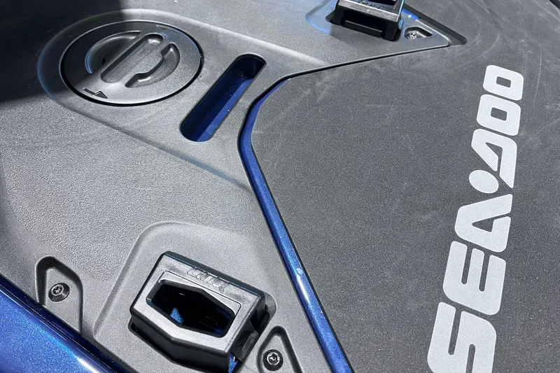 Slide: The Image of Close-up of 2026 Sea-Doo GTX 300 deck, showcasing sleek design and branding. - 22