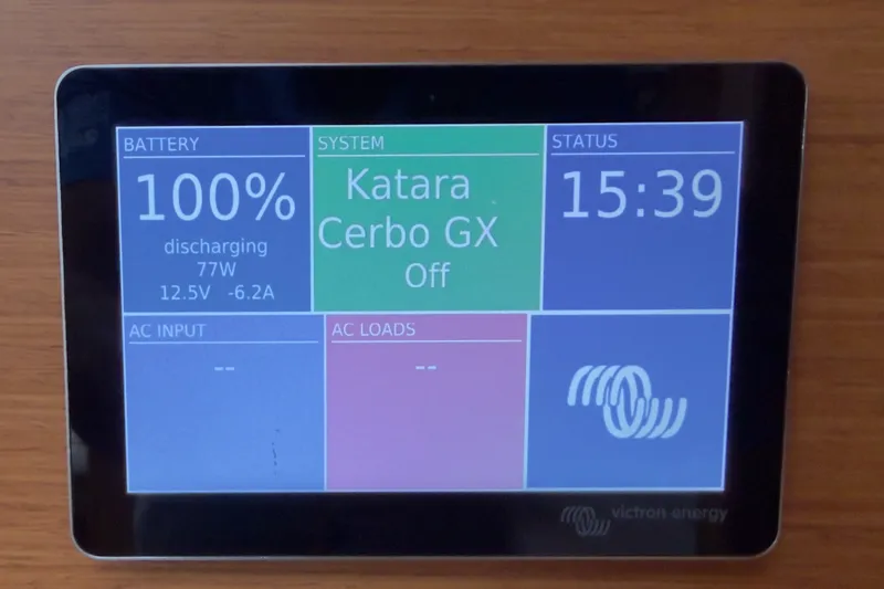 Slide: The Image of Victron Energy display showing battery status on Jeanneau Sun Odyssey 439, 2016 model. - 68