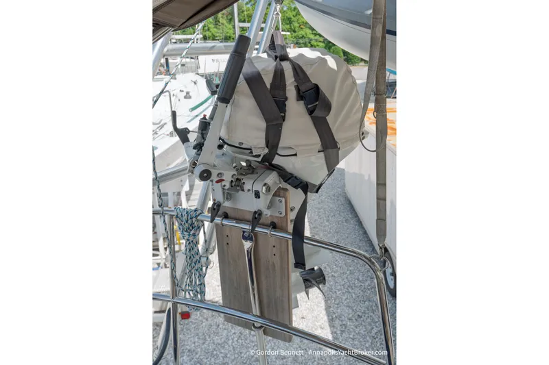 Slide: The Image of Outboard motor mounted on a 2016 Jeanneau Sun Odyssey 439 sailboat. - 39