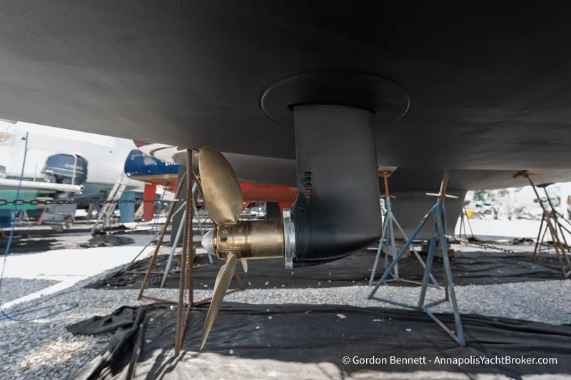 Slide: The Image of 2016 Jeanneau Sun Odyssey 439 sailboat propeller and rudder in dry dock. - 44
