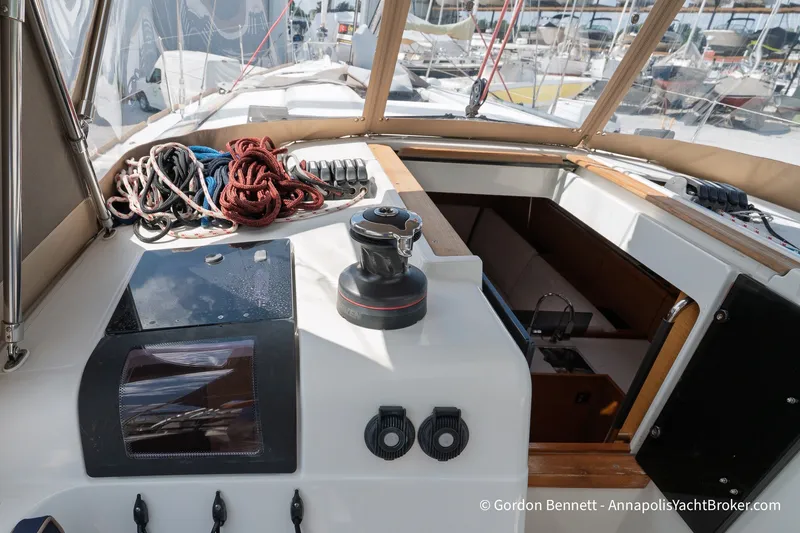 Slide: The Image of Cockpit view of 2016 Jeanneau Sun Odyssey 439 sailboat with ropes and winch. - 40