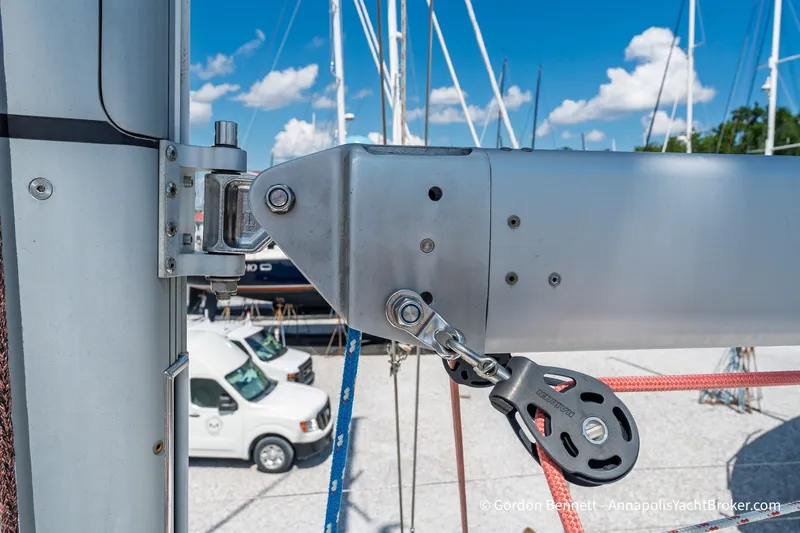 Slide: The Image of Close-up of Jeanneau Sun Odyssey 439 sailboat rigging, 2016 model, with clear blue sky background. - 21