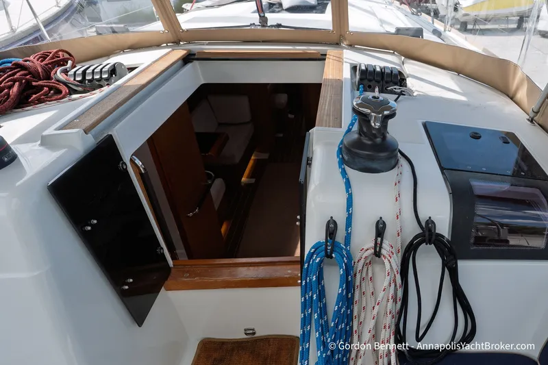Slide: The Image of Cockpit view of 2016 Jeanneau Sun Odyssey 439 sailboat with ropes and winch. - 41