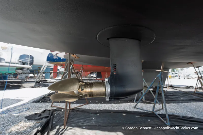 Slide: The Image of Propeller of 2016 Jeanneau Sun Odyssey 439 sailboat in dry dock. - 43