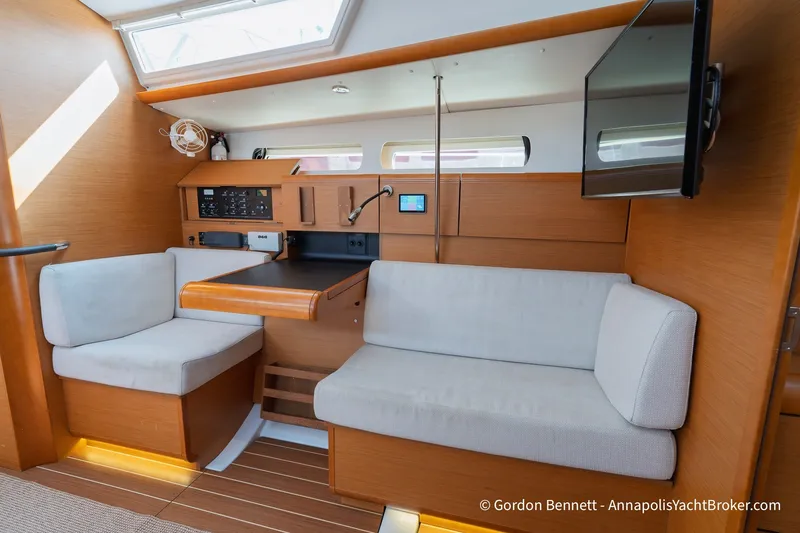 Slide: The Image of Interior of 2016 Jeanneau Sun Odyssey 439 yacht with cozy seating and modern design. - 56
