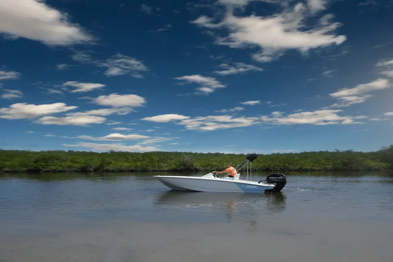 Slide: The Image of A small motorboat cruises on a calm river under a blue sky with clouds. - 17