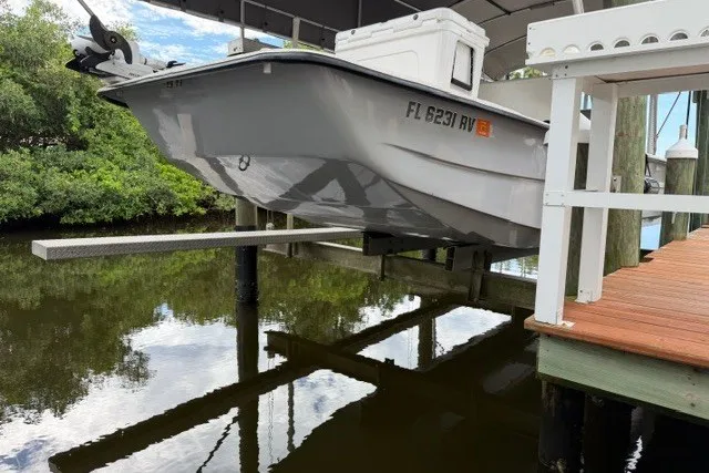 Slide: The Image of 2019 Carolina Skiff 24 DLX boat on lift, docked by calm water. - 16