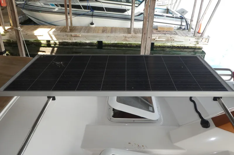 Slide: The Image of Solar panel on 2019 Ranger Tugs R-27 boat, docked in a marina. - 5