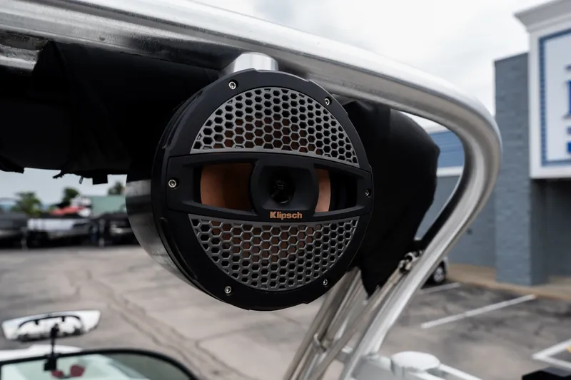 Slide: The Image of Klipsch speaker on 2023 MasterCraft XT24 boat, mounted on a metal frame. - 34