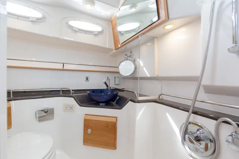 Slide: The Image of Luxurious bathroom interior of 2027 Cutwater C-32 CB yacht with modern fixtures. - 29