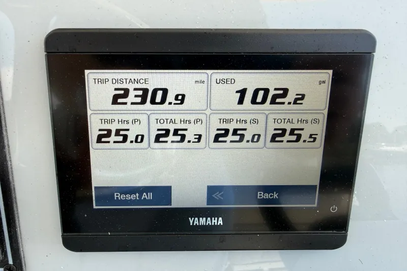 Slide: The Image of Yamaha display showing trip data: 230.9 miles, 102.2 gallons used, 2026 Pursuit S 268 Sport. - 14