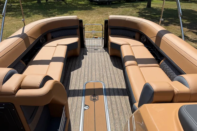 Slide: The Image of Luxurious interior of 2027 Harris Grand Mariner 250 SLDH pontoon boat with plush seating. - 19