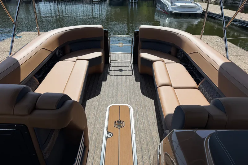 Slide: The Image of Luxurious seating on 2027 Harris Grand Mariner 250 SLDH pontoon boat at dock. - 7