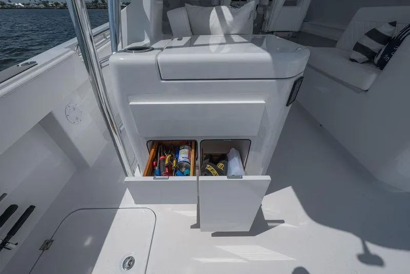 Slide: The Image of Interior view of 2026 Toro Yachts Toro 42 with open storage compartments. - 43