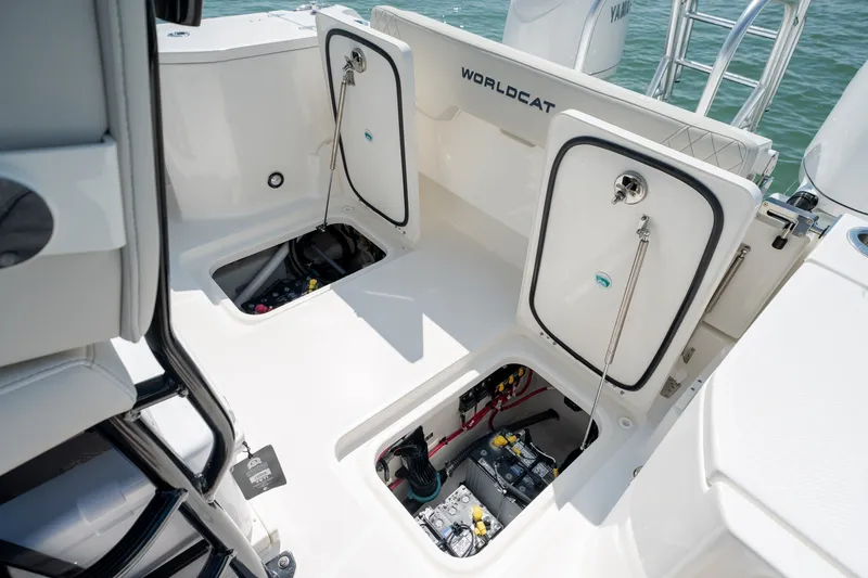 Slide: The Image of 2026 World Cat 265 CC-X boat interior with open storage compartments. - 38