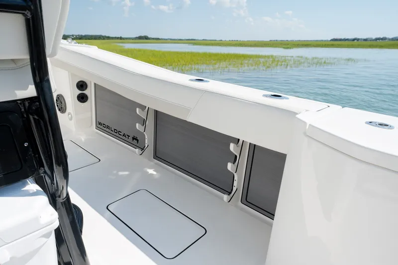 Slide: The Image of 2026 World Cat 265 CC-X boat interior with sleek design and water view. - 36