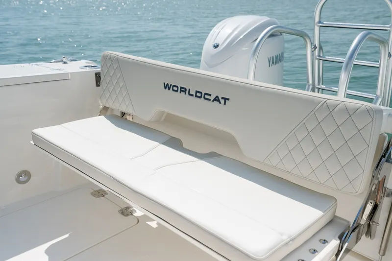 Slide: The Image of 2026 World Cat 265 CC-X boat interior with white cushioned seating. - 40